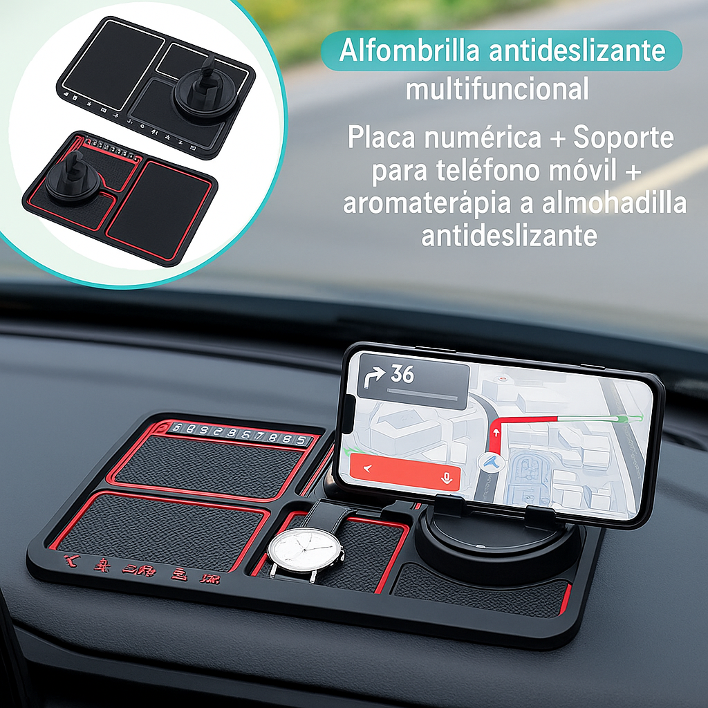 Alfombrilla Antideslizante para Auto – Soporte de Teléfono + Portaobjetos